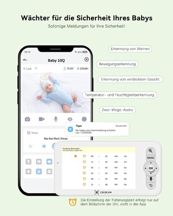 Відеоняня COCOCAM 2K 4MP з камерою та монітором 5 дюймів, Wi-Fi 2.4/5GHz, ШІ-розпізнавання, датчик перекриття обличчя та сну на животі, автотрекінг, ІК нічний зір