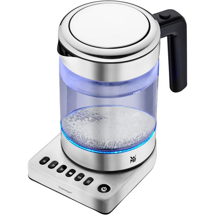 Електричний чайник-заварник WMF Küchenminis 2 в 1 з регулюванням температури, 1 л, 1900 Вт, скло, з тримачем для чайних пакетиків та ситом