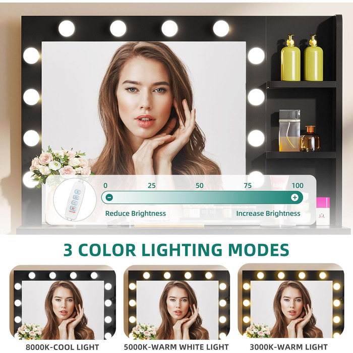 Дзеркальний туалетний столик YITAHOME з підсвічуванням та 4 шухлядами, чорний