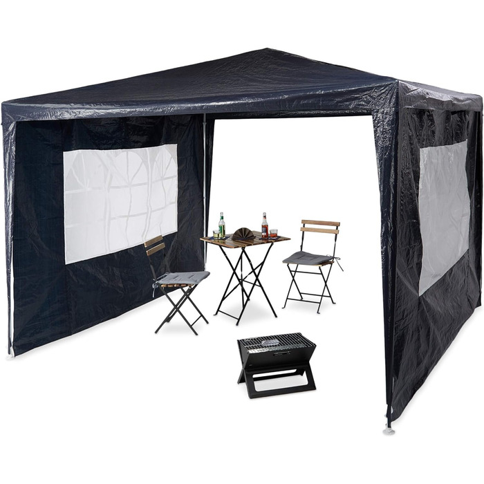 Павільйон Relaxdays 3x3 м, 2 бічні панелі, металевий каркас, поліетиленовий брезент, вікно, фестивальний шатро, закритий, (синій)