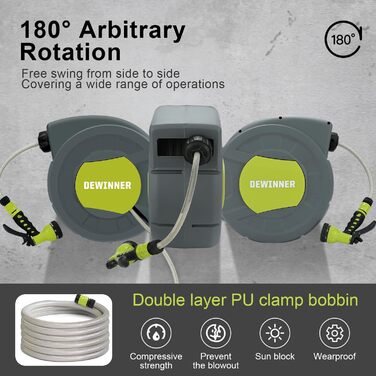 DEWINNER: барабан для садового шлангу 20 + 2 м, автоматичний, з ручною лійкою, поворотний 180°, 7 функцій, для великих садів