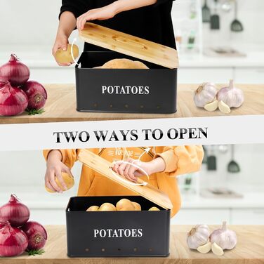 Набір контейнерів для зберігання картоплі, цибулі та часнику [3 шт] з бамбуковим кришками | З вентиляцією та захистом від світла | Чорний