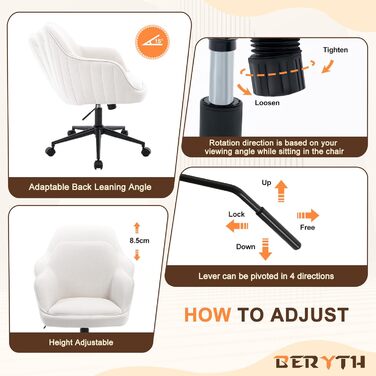 Офісне крісло BERYTH для дому та офісу, з велюру, до 136 кг, регульоване по висоті, поворотне на 360°, з м'якими роликами, для навчання, спальні, домашнього офісу, біле