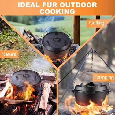 Нідерландський горщик (Dutch Oven), набір 9 літрів, чавунний горщик з кришкою-підйомником, 2-в-1, для приготування їжі на відкритому вогні та в приміщенні, чорний