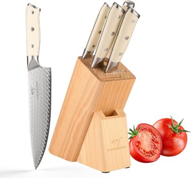 Набір кухонних ножів NANFANG BROTHERS Profimesser Damaskus 5 предметів з дерев'яним блоком, з дамаської сталі, нержавіюча сталь