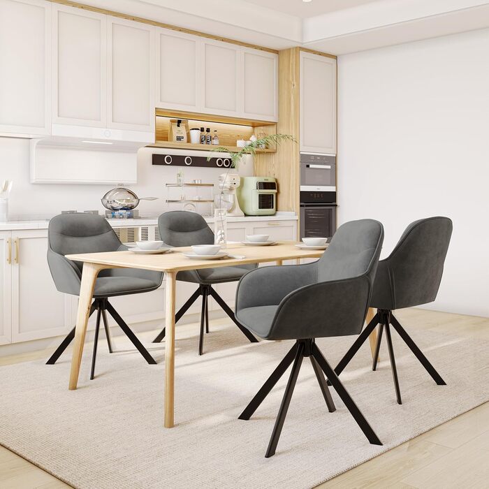 Набір з 6 обертових кухонних стільців з підлокітниками, м'який стілець з велюру, для вітальні та їдальні, темно-сірий