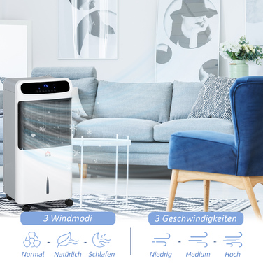 Зволожувач повітря з охолодженням водою, дистанційне керування, 3 режими, 3 швидкості, таймер на 12 годин, LED-дисплей, розміри 38x35x81 см, білий