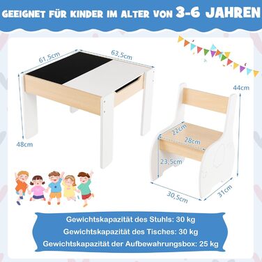 Дерев'яний дитячий стіл з 2 стільцями DREAMADE, 3 шт. Дитяча меблева група з двостороннім столом та місцем для зберігання, набір меблів для дітей, для хлопчиків та дівчаток (білий)
