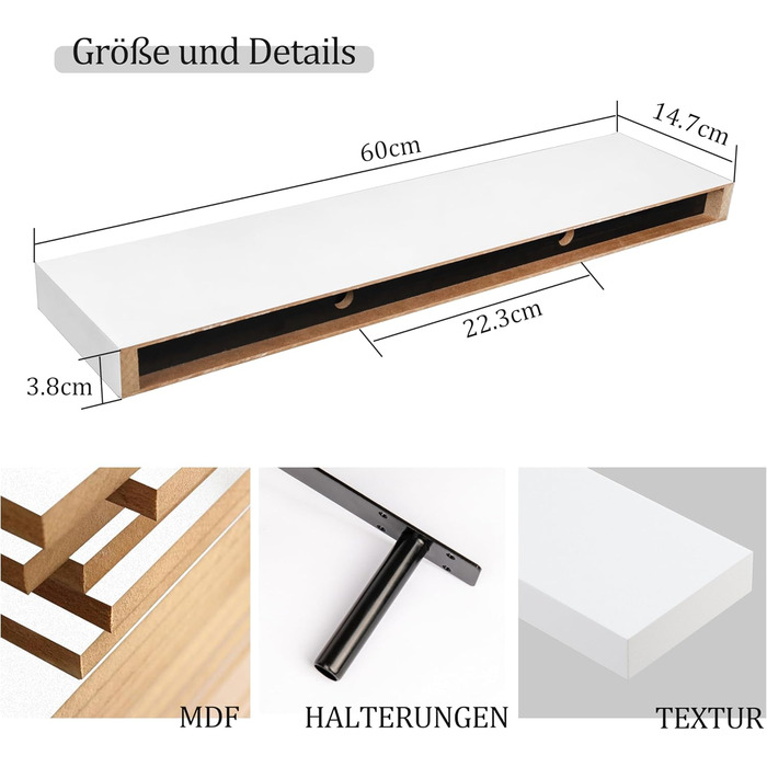 Полиці настінні BAMEOS, комплект з 2 шт, 60 см, білі - декор для ванної, кухні, вітальні, спальні