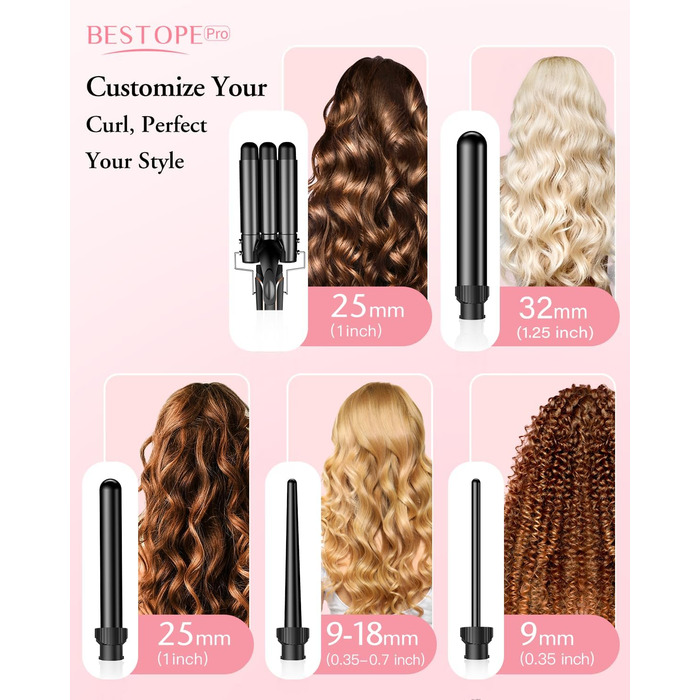 BESTOPE PRO Локкенстаб: Набір для завивки волосся 5-в-1 з 3 насадками, регулюванням температури, швидким нагрівом та рукавичкою. Рожеве золото (Чорний)
