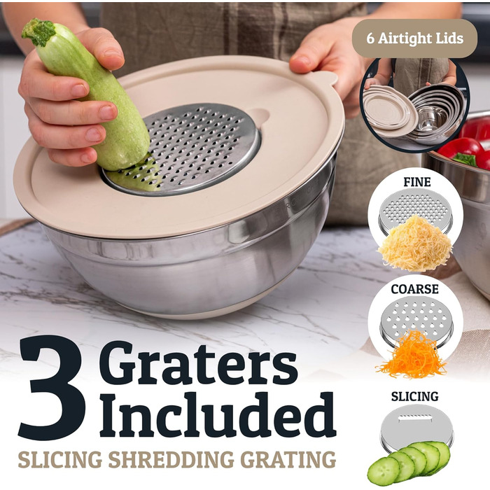 Набір міксерів Priority Chef з кришками, 6 шт. з неслизьким дном, набір міксерів з нержавіючої сталі, 6 герметичних кришок та 3 тертки, блакитний (Getaway Solids) (Хакі)