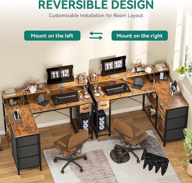 Стол YITAHOME L-подібний з USB-портом та розеткою, 140x100 см, 4 шухляди, полиця, для офісу, коричневий