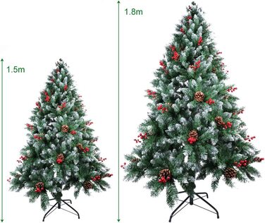 Штучна Різдвяна ялинка 150 см зі снігом, 450 вершин ялинково-Зелена Різдвяна ялинка, соснові шишки 39 шт. , червоні ягоди 39 шт.