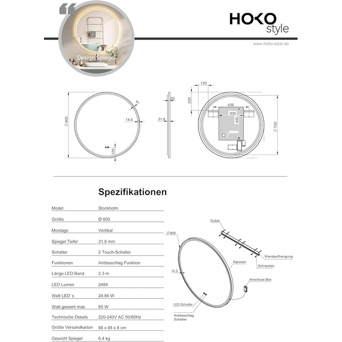 Дзеркало для ванної кімнати HOKO Design Riga діаметром 60 см з металевим каркасом. Кругле настінне дзеркало з енергозберігаючою LED-підсвіткою, сенсорним вимикачем, регулюванням кольору світла (тепле біле, холодне біле, нейтральне) (80x80 см, золото + ант