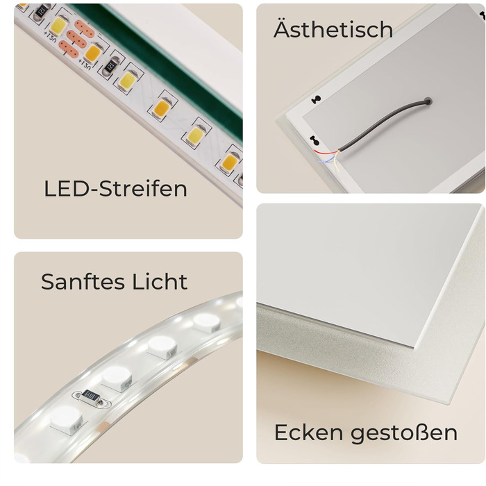 Дзеркало для ванної кімнати з підсвічуванням LED, 70x50 см, регульоване світло 6500K, сенсорне керування, вертикальна/горизонтальна установка