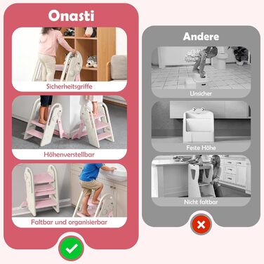 Дитячий підсходильник Onasti Tritthocker, регульована висота, 3 сходинки, з ручками, складний, анти-ковзний, для кухні, ванної кімнати, умивальника та туалету (Сірий) Сіро-білий (Рожевий)