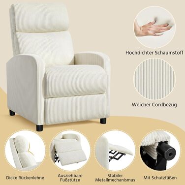 Крісло-релакс Yaheetech для телевізора, крісло-софа, крісло для відпочинку з регульованою підніжкою, лежак з бежевої тканини Cord