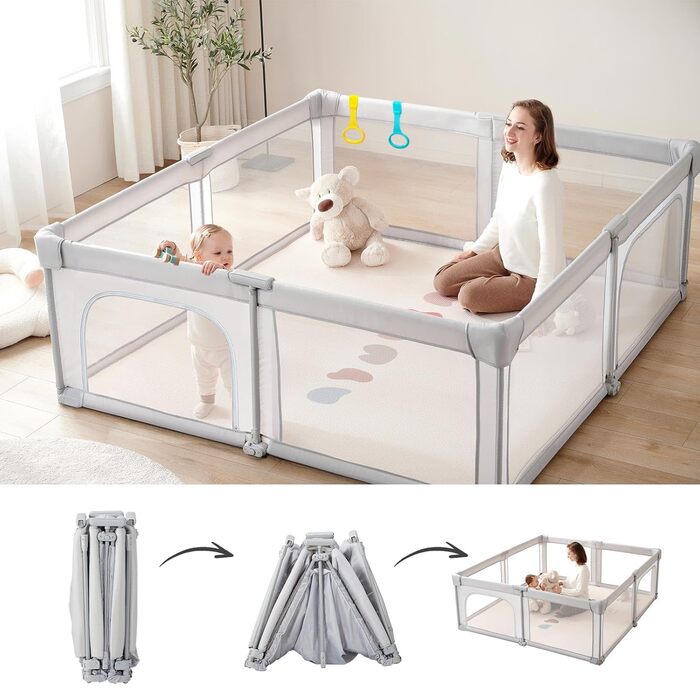 Дитячий манеж Laufotey, 150x150x68 см, сірий, з тканини Oxford, швидкозбірний