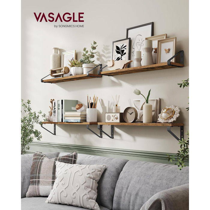 Настінна полиця VASAGLE, 6 штук в наборі, полиці-дошки, 2 способи монтажу, 30/35/40 см, для вітальні, кухні, кабінету, ванної кімнати, вінтажний коричневий + матовий чорний, LWS033K02
