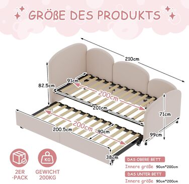 Дитяче ліжко-диван-трансформер 90x200 з висувною платформою, рожевий велюр, без матраца