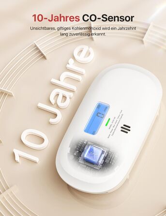 Детектор чадного газу X-Sense, сертифікований TÜV Rheinland, датчик на 10 років, з змінною батареєю та цифровим дисплеєм, кнопка тестування, автономний, білий