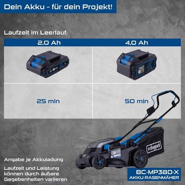 Акумуляторний газонокосарка Scheppach BC-MP380-X | Ширина косіння 38 см | для площі 450-500 м² | Об'єм кошика 45 л | Висота стрижки 25-75 мм | Brushless | 20V-IXES | 10 років гарантії | 2x4Ah акумулятор та швидка зарядка