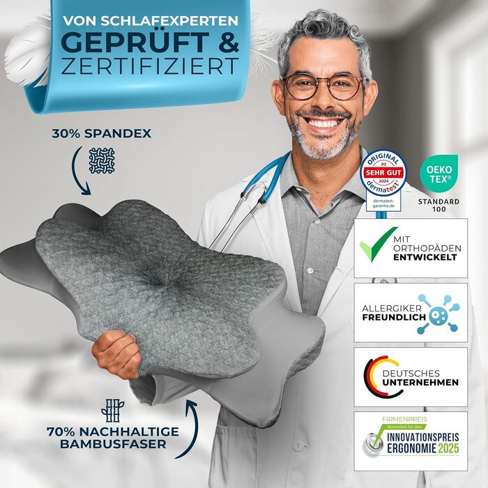 Ортопедична подушка Glückstoff® Ergo: підтримка шиї, memory foam, для всіх типів сну | Подушка від болю в шиї, сірого кольору