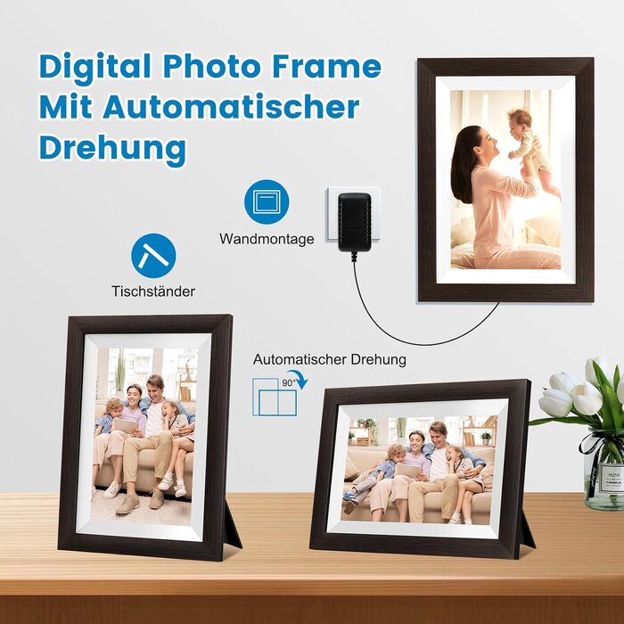 Цифровий фоторамка Mejasg 10.1 дюйма з Wi-Fi, 32GB, IPS сенсорний екран, автоповорот, для фото та відео, з дерева