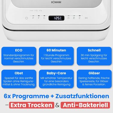 Посудомийна машина Bomann® TSG 5704: компактна, для кемпінгу, з підключенням/без, 36-70°C, 6 програм, 42 см