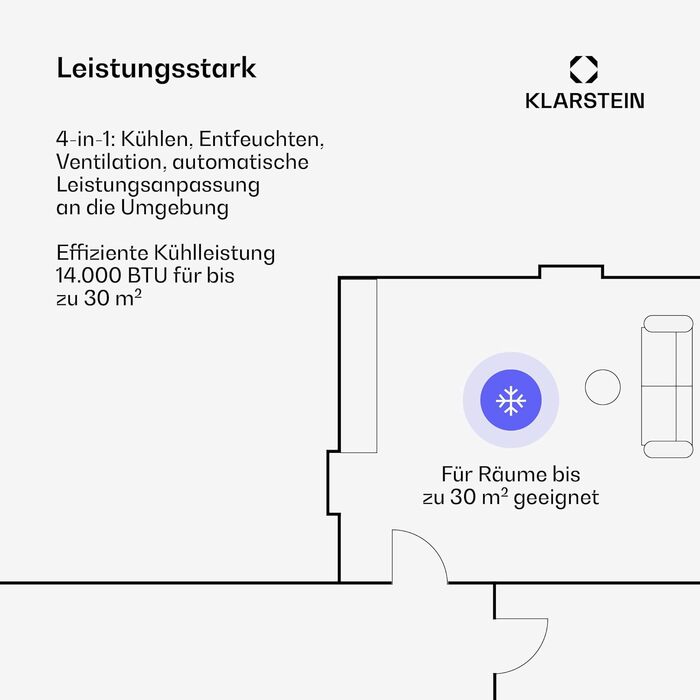 Klarstein AireLux: Мобільний кондиціонер 14000 BTU, до 51 м², керування через додаток та голосовий помічник, 4-в-1 (охолодження, осушувач, вентилятор, нічний режим), тихий, темно-сірий