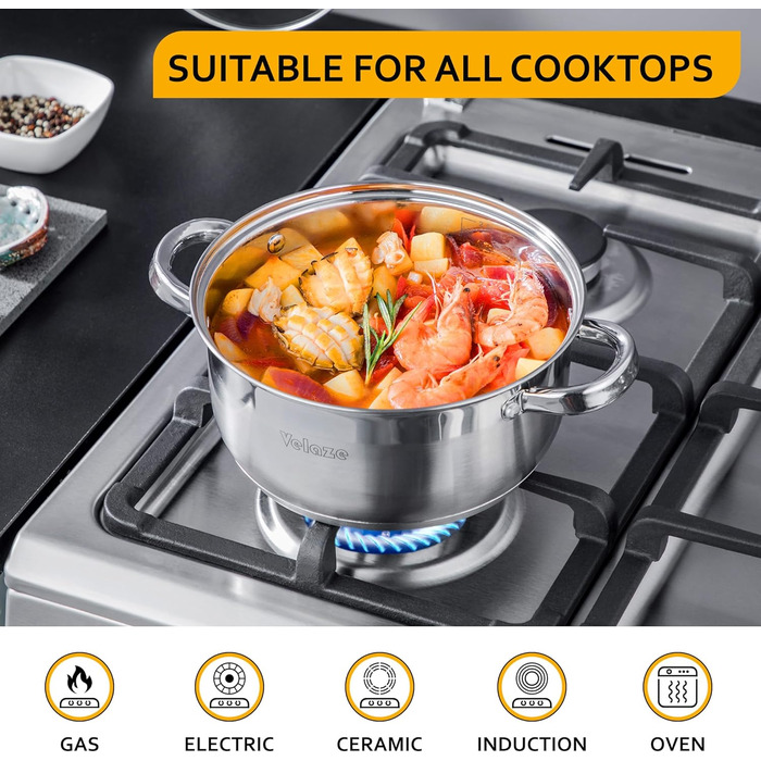 Набір каструль Velaze 7-ка з нержавіючої сталі, з кришками, індукційні, PFOA free, для всіх плит, сріблясті