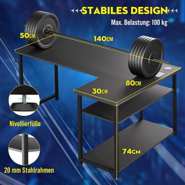Ігровий стіл Comhoma з полицею, кутовий стіл з USB-роз'ємом та розеткою, 140 см, L-подібний стіл для комп'ютера, офісу та дому (Чорний, 140 см)