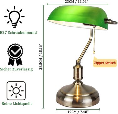 Банкірська лампа зелена маленька склянка, перемикач з тяговим ланцюгом, латунна основа для дому/офісу (C1)
