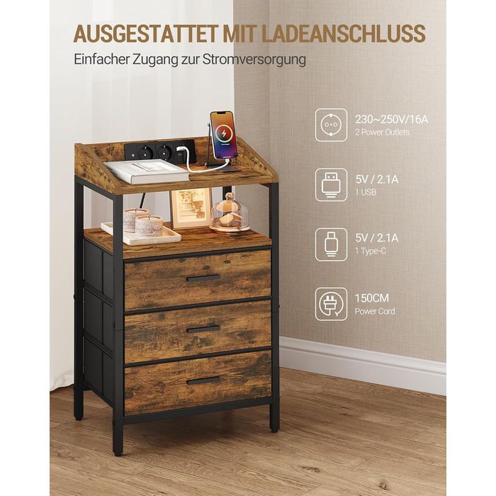 Приліжкова тумбочка Hzuaneri з LED-підсвіткою та функцією зарядки, 3 висувні ящики з тканини, USB-порти та розетки, для спальні/вітальні, чорний/коричневий, NS36301BEU, 1 шт.