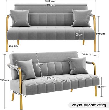 Ягетех Полицьове диван з підлокітниками та металевими ніжками. Сучасний двомісний диван з 2 подушками для попереку. Loveseat для вітальні/спальні, 143,5 см, світло-сірий