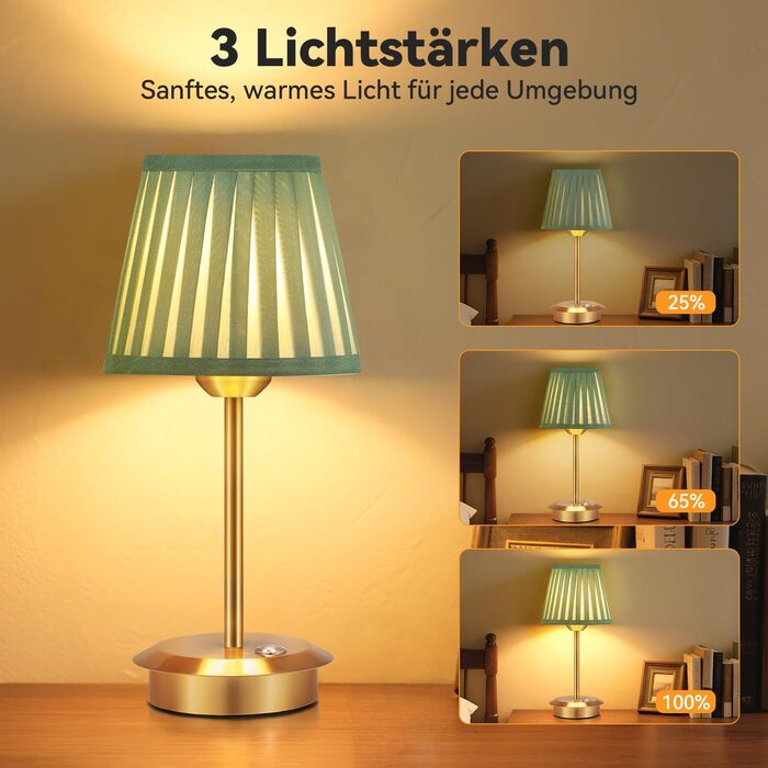 Настільна лампа OUSFOT бездротова, 3 режими яскравості, золота, вінтажний дизайн з абажуром для вітальні, кабінету, спальні, їдальні
