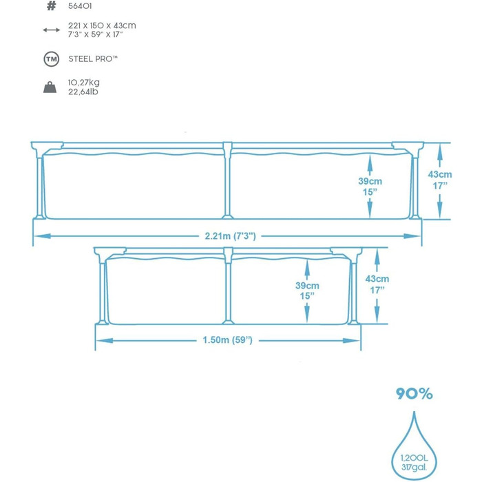 Каркасний басейн Bestway Steel Pro без насоса, квадратний, 221 x 150 x 43 см 221 x 150 x 43 см одномісний