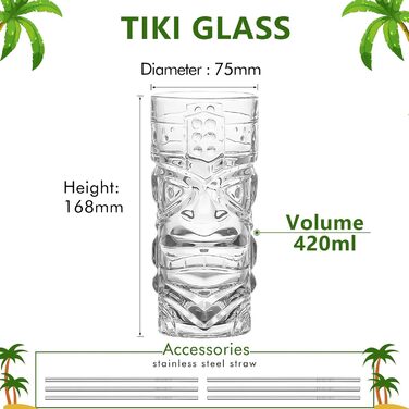 Набір склянок Tiki (170-400 мл), прозорі, для коктейлів, сучасний дизайн, екзотичні напої, Mai Tai, гавайські коктейлі