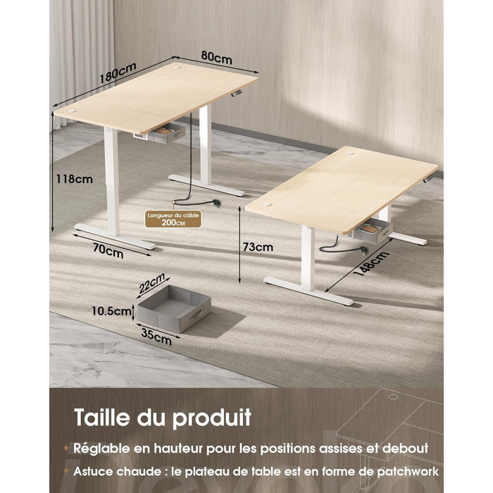 Регульований стіл Devoko: електричний, 140x80 см, з ящиками, USB-порт, органайзер для кабелів, стоячий стіл з пам'яттю, білий