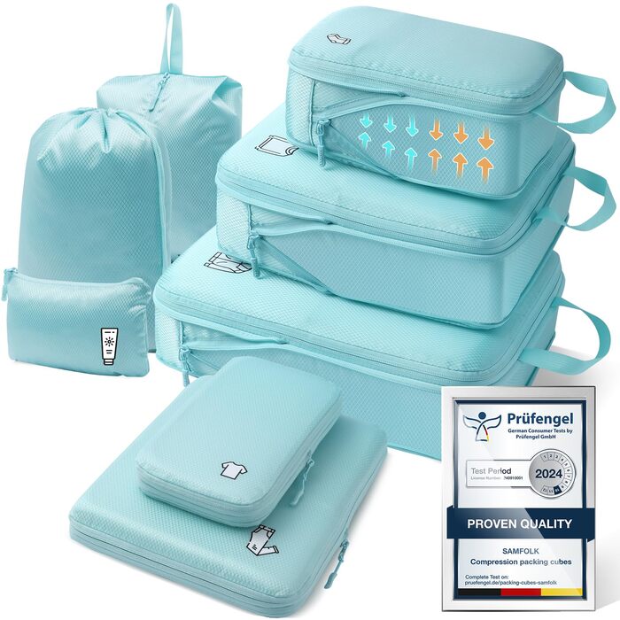 Набір органайзерів для подорожей у валізу з компресією, 8 шт, водонепроникні пакувальні куби для ручної поклажі та рюкзака, світло-блакитний