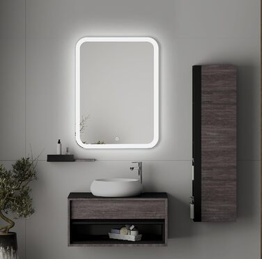 Дзеркало для ванної кімнати LED 50x70 см з підсвічуванням та сенсорним вимикачем, округлені кути, прямокутна форма