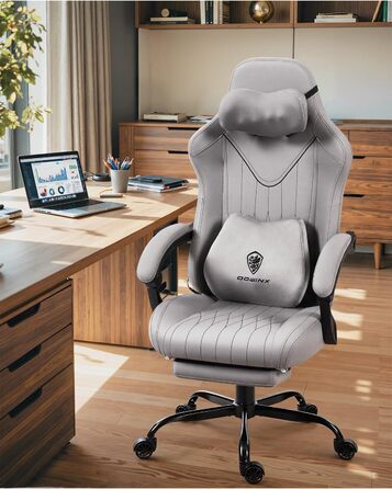 Ігровий крісло Dowinx з масажем, ергономічний дизайн, підтримка попереку та шиї, до 135 кг, шкіра, чорний (сірий), для дорослих