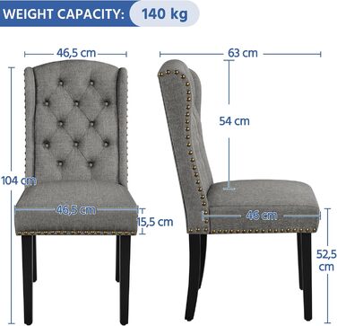 Набір кухонних стільців Yaheetech з крилатим спинком, оббитий стілець для їдальні, до 140 кг, сірий (2, світло-сірий)