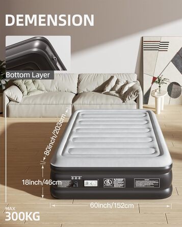 Надувне ліжко CHILLSUN® для 2 осіб, 203x152x46 см, з електричним насосом, водонепроникне, для кемпінгу та гостей