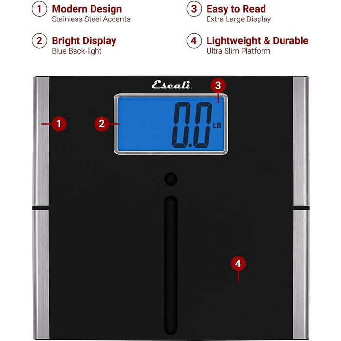 Ультратонкі, зручні для читання цифрові ваги для ванної кімнати Escali US200L з надзвичайно великим дисплеєм і високою ємністю 440 фунтів, включаючи чорні/сріблясті батареї