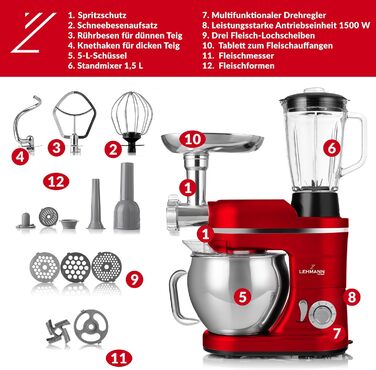 Кухонна машина Lehmann 3-в-1: міксер, м'ясорубка, соковитискач, 3000W, з планетарним міксуванням, комплект для ковбас, для мафінів та випічки, червона