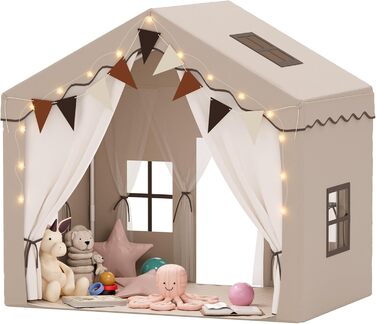 Дитяче намет-будиночок EROMMY 2-в-1 з килимком, прапорцями та світлодіодними смугами, двостулковими дверима, даховим вікном, для дому, вік 3+, коричневий