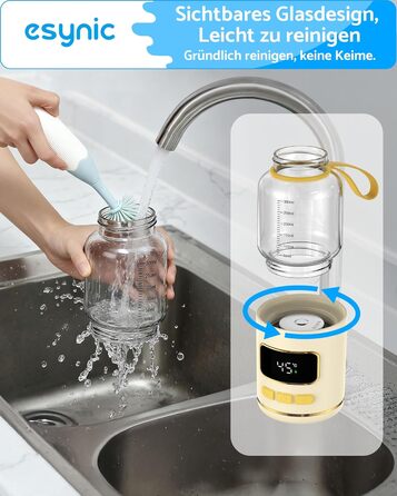 eSynic Підігрівач для пляшечок 450мл з акумулятором 15000mAh, портативний, швидкий нагрів (2-3 хв), для дитячого харчування та води, USB-C, BPA-free, з боросилікатного скла, для подорожей та нічного годування