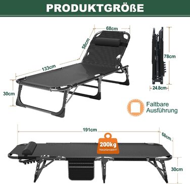Складана сонячна лежак для саду, 200 кг, з матрацом та підголівником, блакитний. Підходить для балкону, саду, кемпінгу.