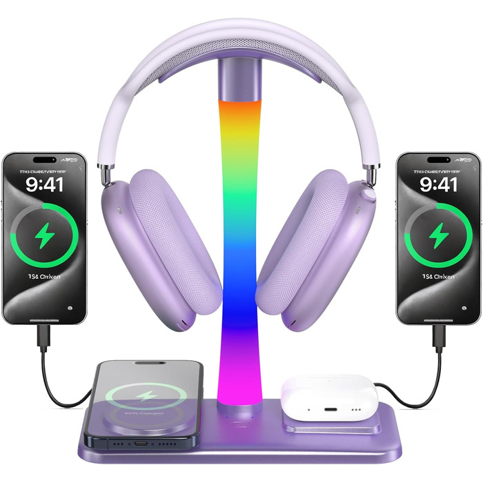 Підставка для навушників з бездротовим зарядним пристроєм, RGB-підсвічуванням, сумісна з Airpod Max, Airpod Pro/3/2, iPhone 16/15/14/13/12/11, Samsung, подарунок для геймерів (фіолетовий)